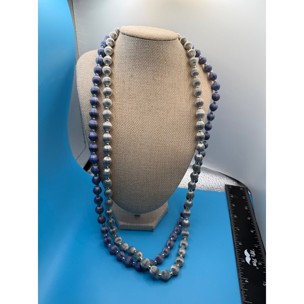 Vintage Silk Wrapped Bead Necklace‎ Silver Purple Long Strand Gold Tone Spacers